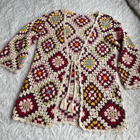 Johnny Was crochet granny square knit cardigan sweater tie front stevie - Picture 10 of 14